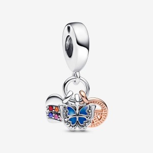 Pandora Two-Tone Rainbow Heart, Butterfly & Peace Triple Dangle Charm Mehrfarbig | 963OCVZYP