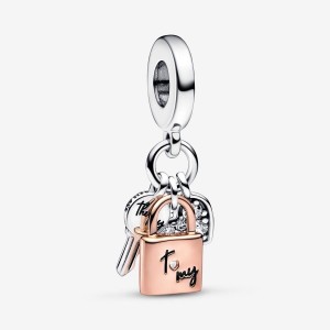Pandora Two-tone Key, Padlock & Heart Triple Dangle Charm Mehrfarbig | 309KVERMP